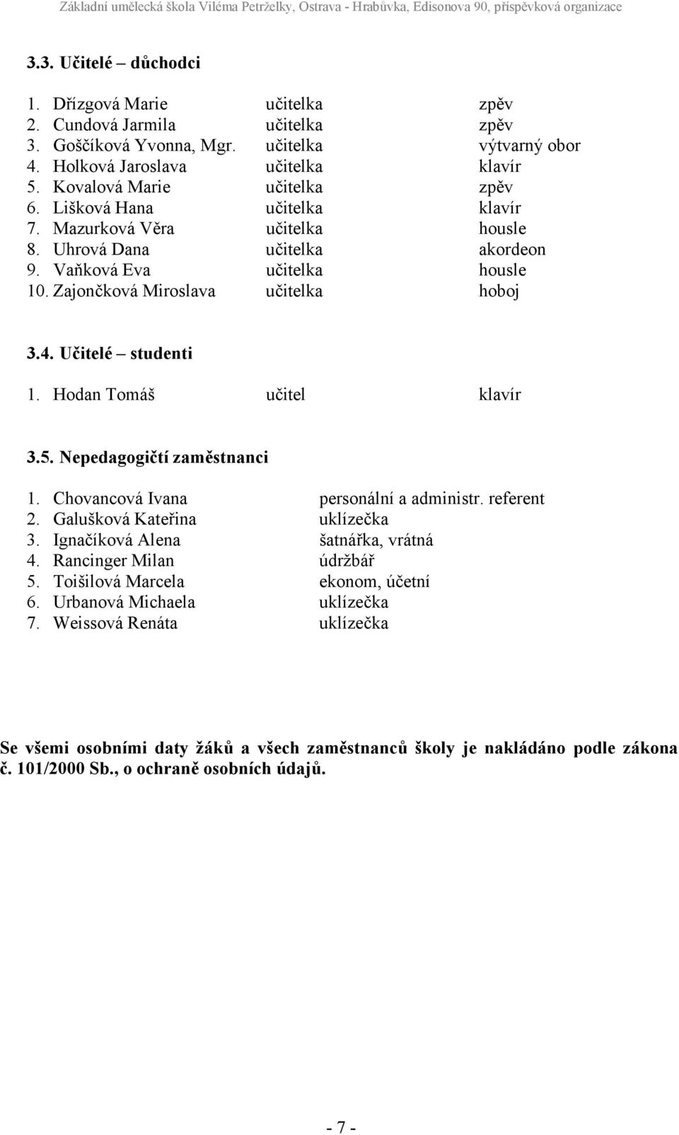 Zajončková Miroslava učitelka hoboj 3.4. Učitelé studenti 1. Hodan Tomáš učitel klavír 3.5. Nepedagogičtí zaměstnanci 1. Chovancová Ivana personální a administr. referent 2.