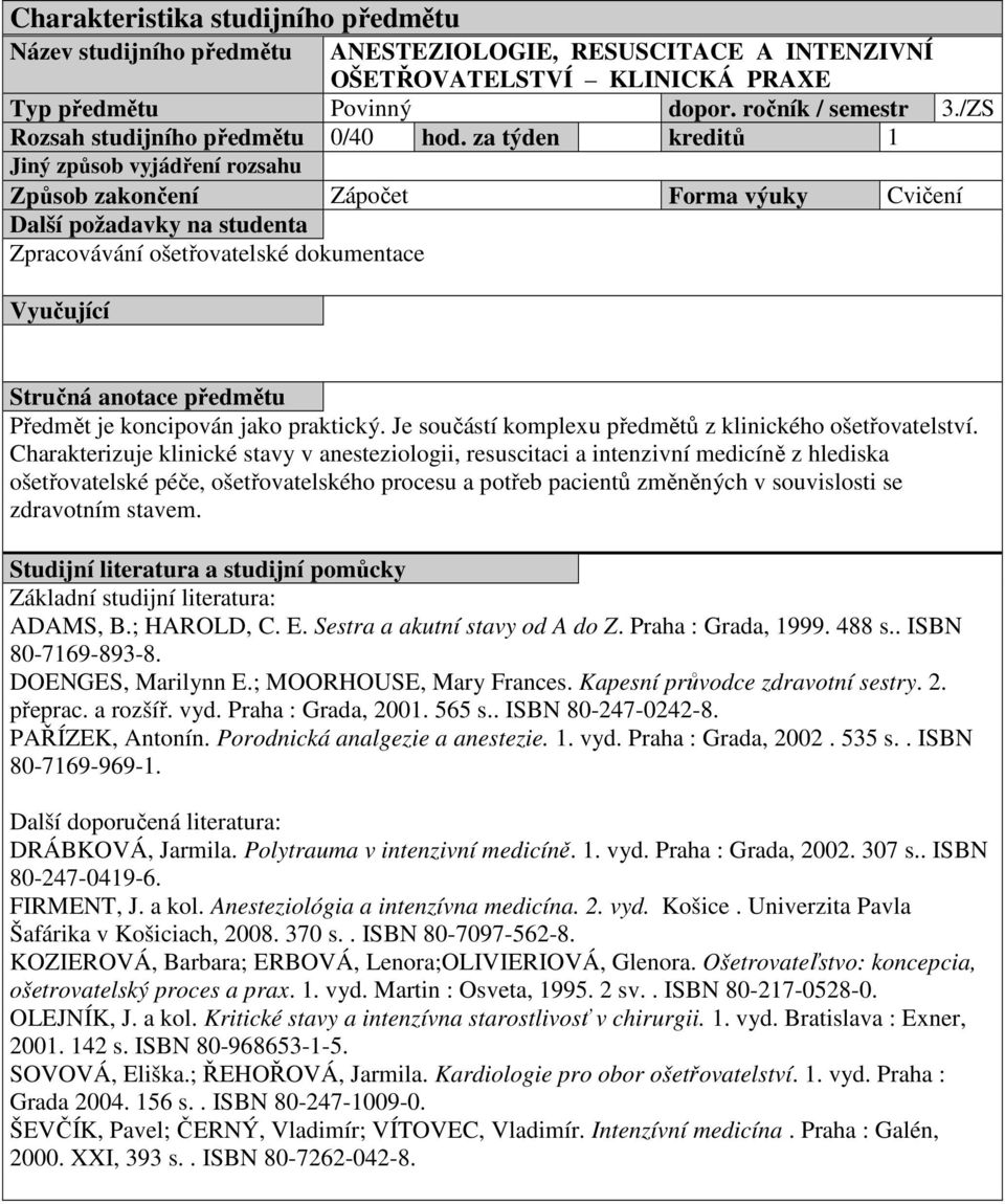 Je součástí komplexu předmětů z klinického ošetřovatelství.