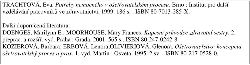 Další doporučená literatura: DOENGES, Marilynn E.; MOORHOUSE, Mary Frances. Kapesní průvodce zdravotní sestry. 2. přeprac.