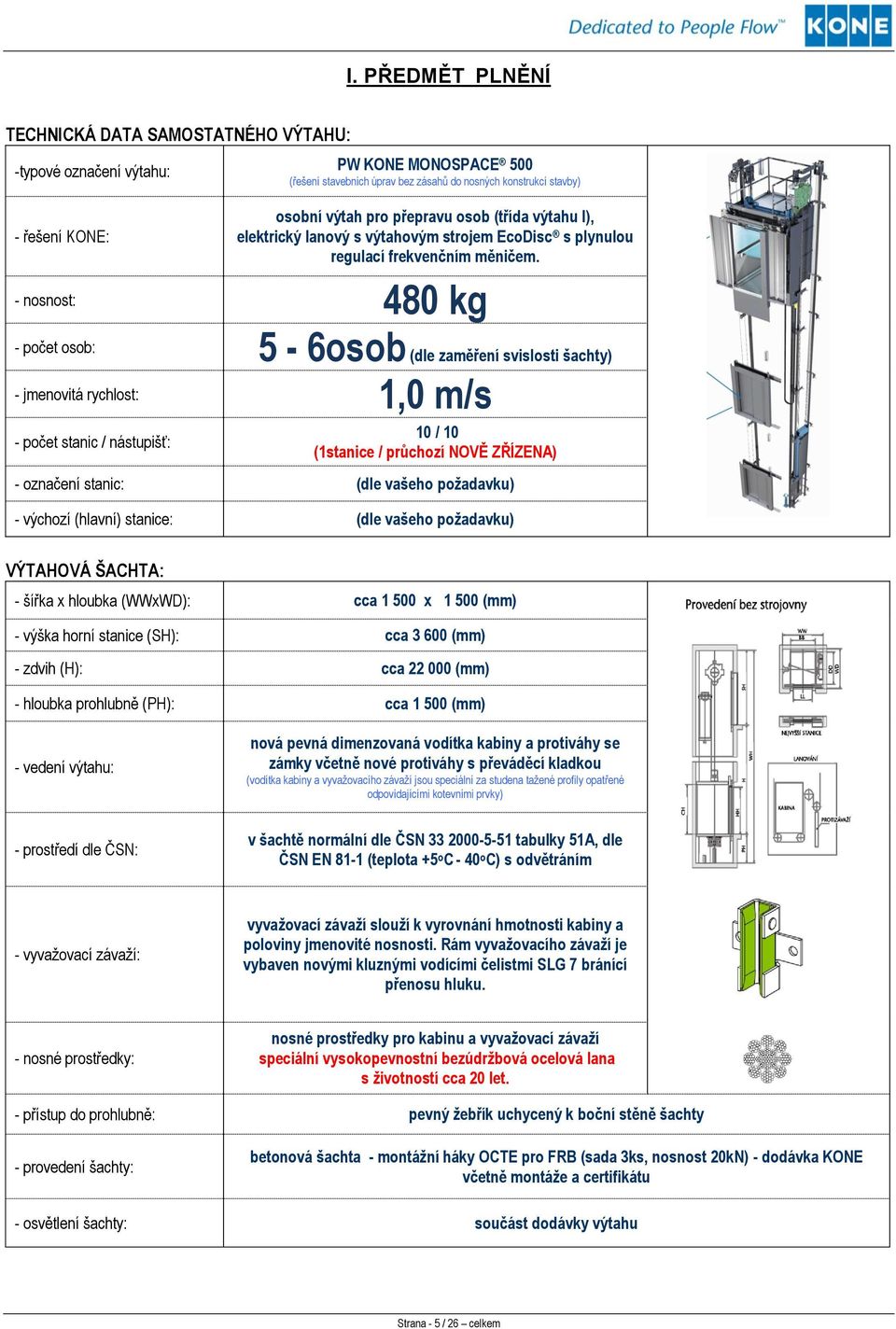 - nosnost: 480 kg - počet osob: 5-6osob (dle zaměření svislosti šachty) - jmenovitá rychlost: 1,0 m/s - počet stanic / nástupišť: 10 / 10 (1stanice / průchozí NOVĚ ZŘÍZENA) - označení stanic: (dle