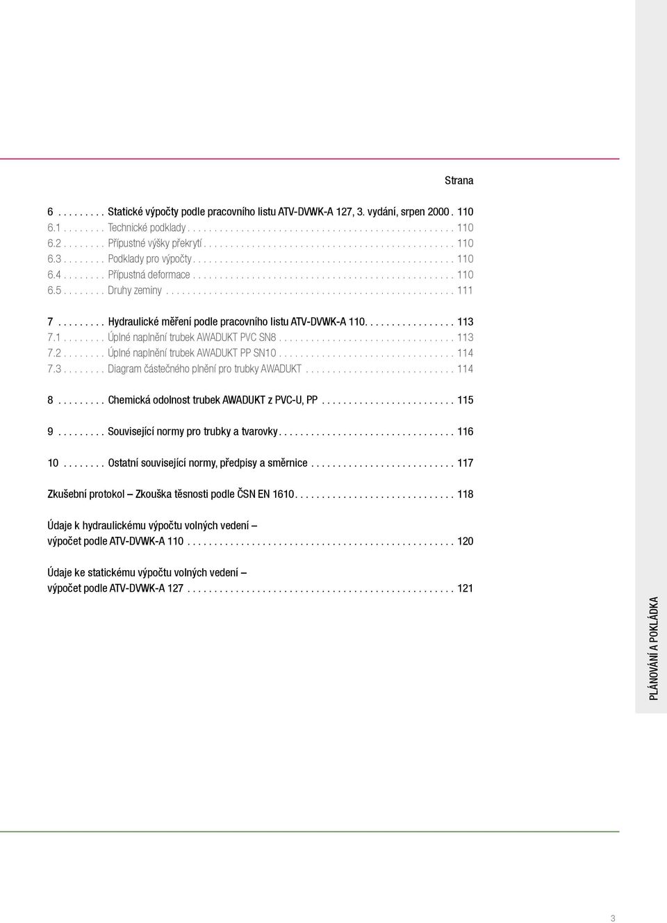 ....... Druhy zeminy...................................................... 111 7......... Hydraulické měření podle pracovního listu ATV-DVWK-A 110................. 113 7.1........ Úplné naplnění trubek AWADUKT PVC SN8.