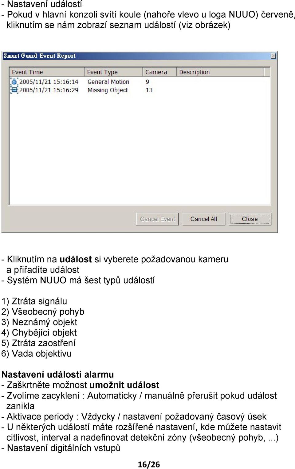 Nastavení události alarmu - Zaškrtněte možnost umožnit událost - Zvolíme zacyklení : Automaticky / manuálně přerušit pokud událost zanikla - Aktivace periody : Vždycky / nastavení