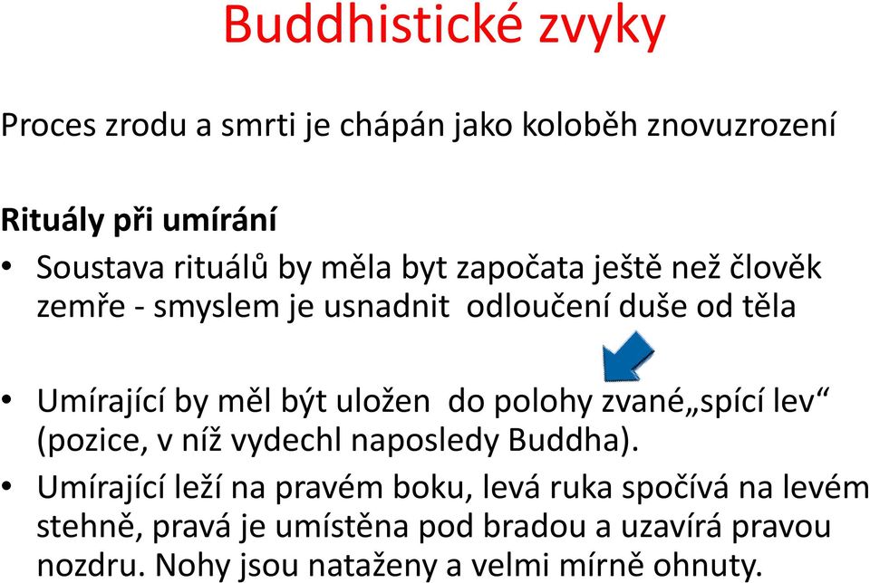 uložen do polohy zvané spící lev (pozice, v níž vydechl naposledy Buddha).