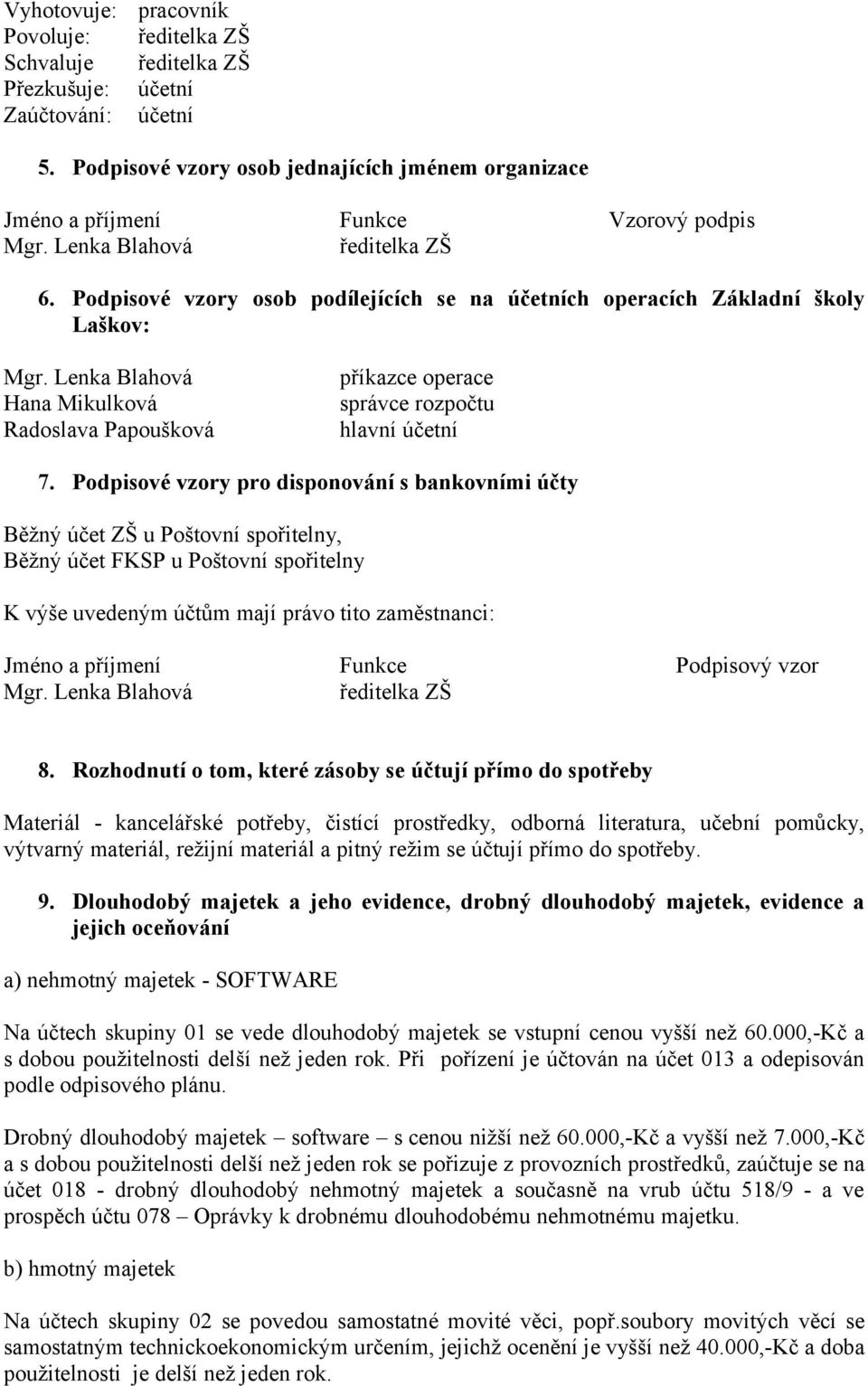 Podpisové vzory osob podílejících se na účetních operacích Základní školy Laškov: Mgr. Lenka Blahová Hana Mikulková Radoslava Papoušková příkazce operace správce rozpočtu hlavní účetní 7.