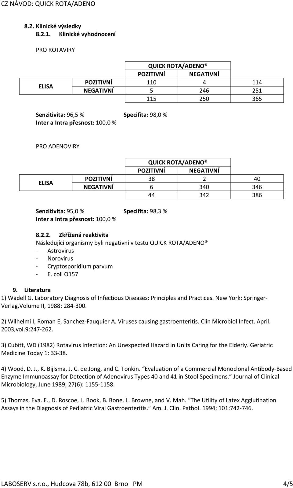 DENOVIRY ELIS QUICK ROT/DENO POZITIVNÍ NEGTIVNÍ POZITIVNÍ 38 2 40 NEGTIVNÍ 6 340 346 44 342 386 Senzitivita: 95,0 % Specifita: 98,3 % Inter a Intra přesnost: 100,0 % 8.2.2. Zkřížená reaktivita Následující organismy byli negativní v testu QUICK ROT/DENO - strovirus - Norovirus - Cryptosporidium parvum - E.