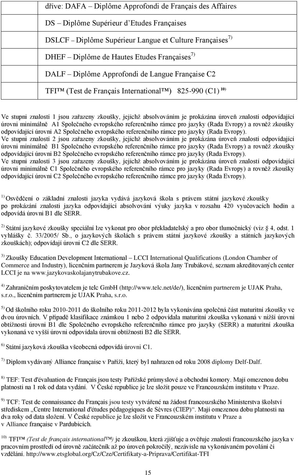 odpovídající úrovni minimálně A1 Společného evropského referenčního rámce pro jazyky (Rada Evropy) a rovněž zkoušky odpovídající úrovni A2 Společného evropského referenčního rámce pro jazyky (Rada