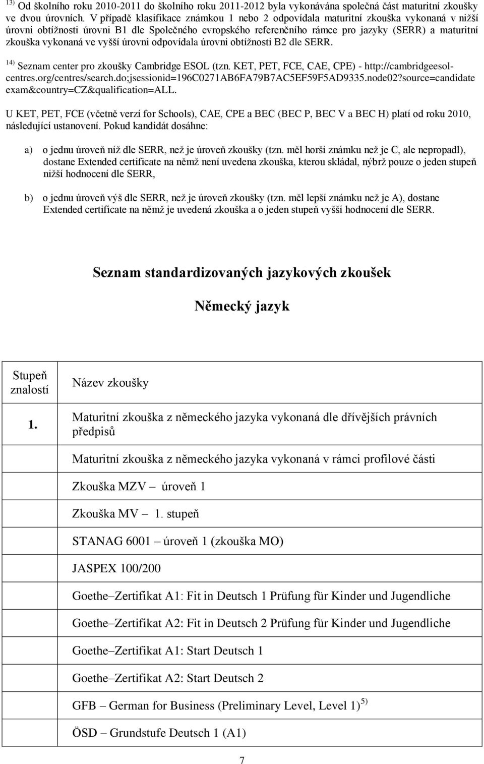 vykonaná ve vyšší úrovni odpovídala úrovni obtížnosti B2 dle SERR. 14) Seznam center pro zkoušky Cambridge ESOL (tzn. KET, PET, FCE, CAE, CPE) - http://cambridgeesolcentres.org/centres/search.