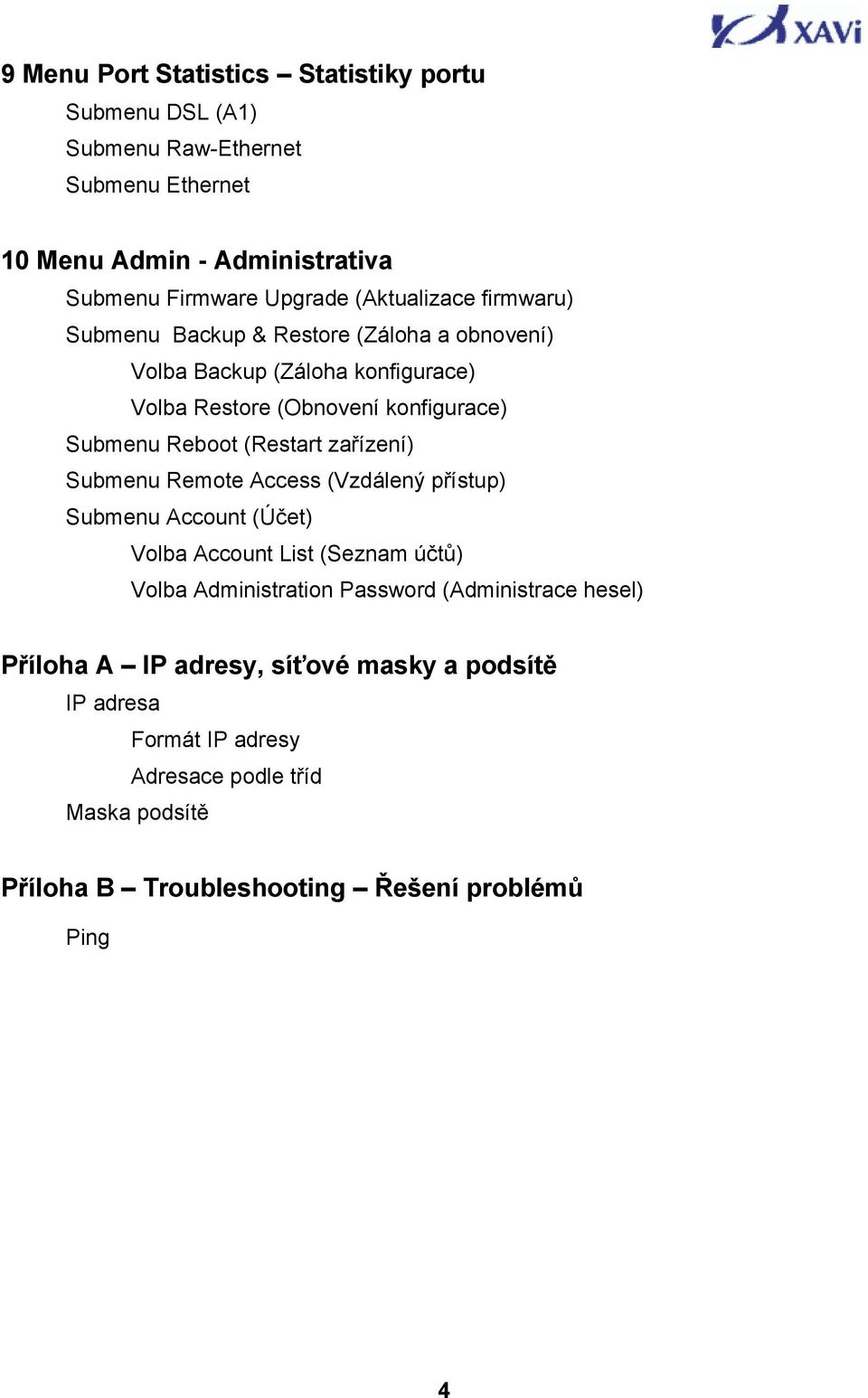 (Restart zařízení) Submenu Remote Access (Vzdálený přístup) Submenu Account (Účet) Volba Account List (Seznam účtů) Volba Administration Password