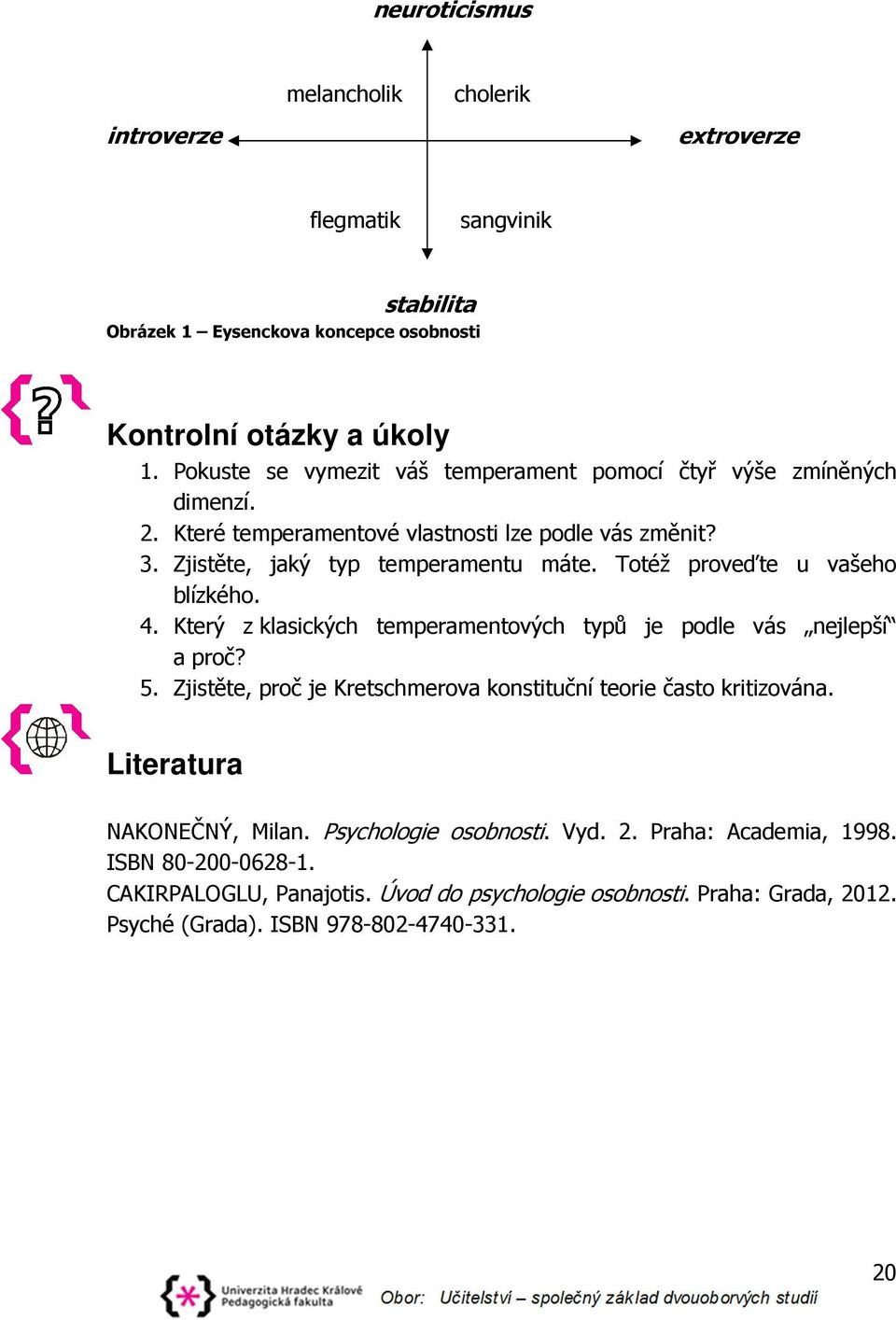 Totéž proveďte u vašeho blízkého. 4. Který z klasických temperamentových typů je podle vás nejlepší a proč? 5. Zjistěte, proč je Kretschmerova konstituční teorie často kritizována.