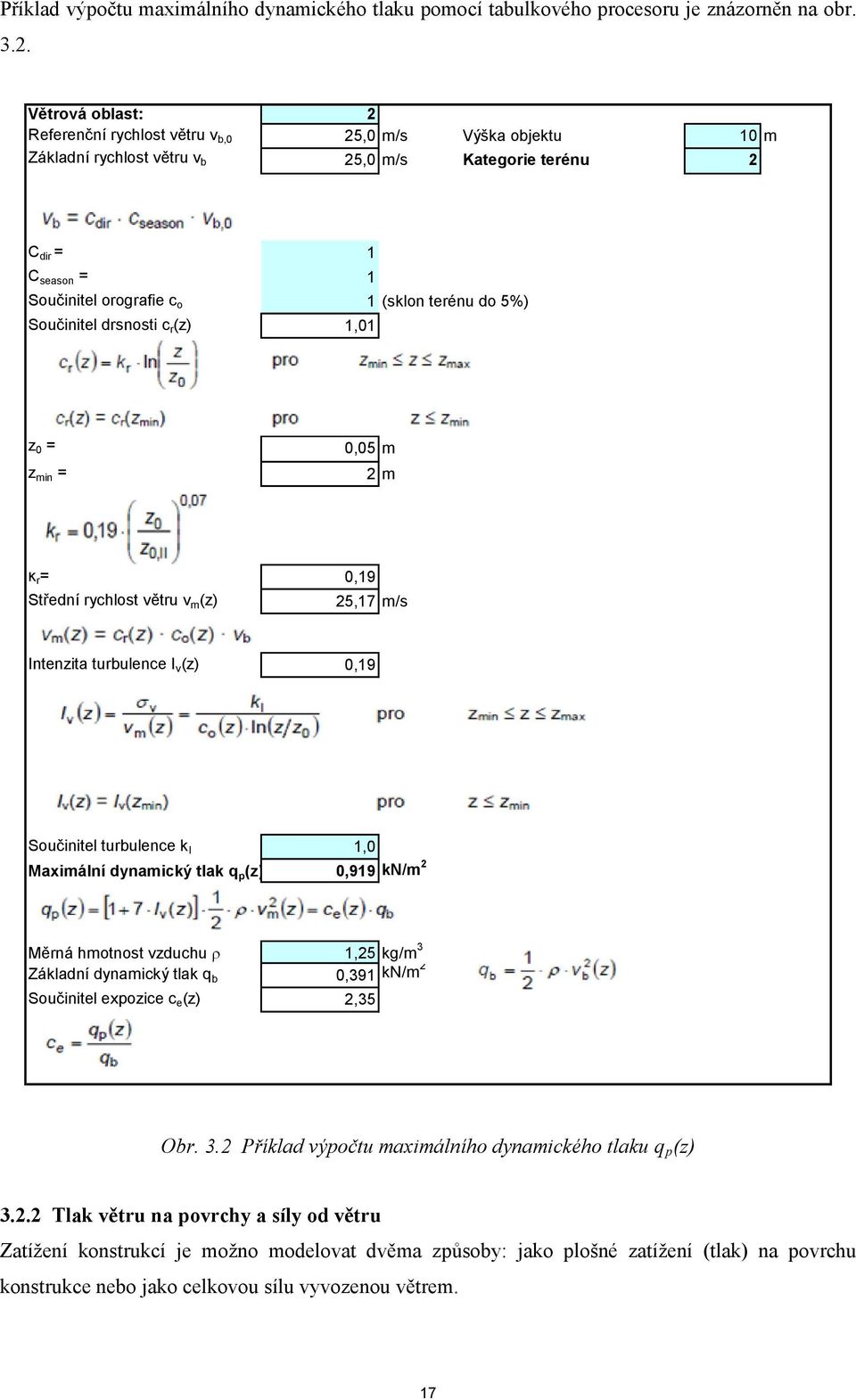 do 5%) Součinitel drsnosti c r (z) 1,01 z 0 = z min = 0,05 m 2m k r = 0,19 Střední rychlost větru v m (z) 25,17 m/s Intenzita turbulence I v (z) 0,19 Součinitel turbulence k I 1,0 Maximální dynamický