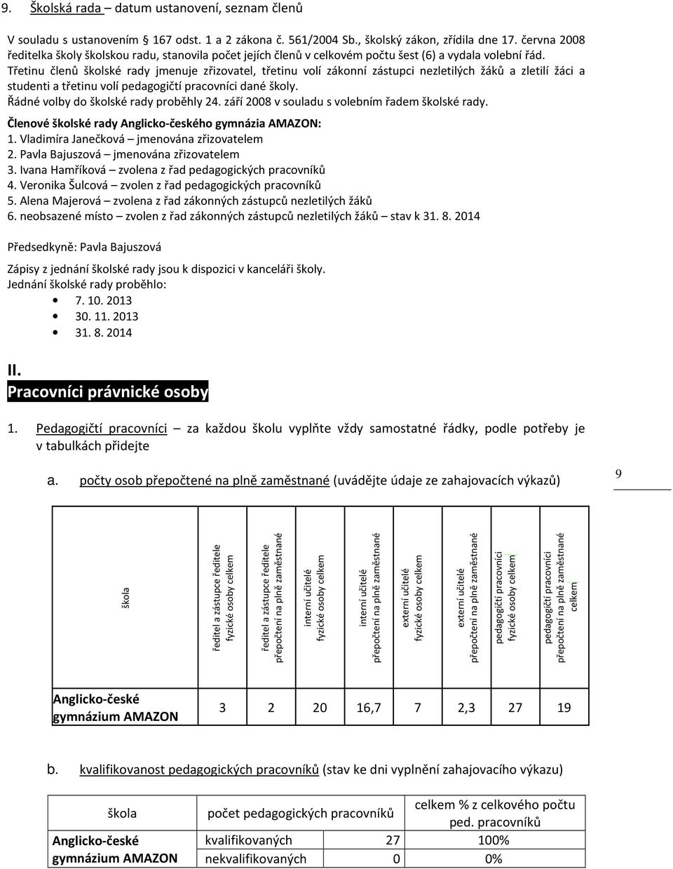 Třetinu členů školské rady jmenuje zřizovatel, třetinu volí zákonní zástupci nezletilých žáků a zletilí žáci a studenti a třetinu volí pedagogičtí pracovníci dané školy.