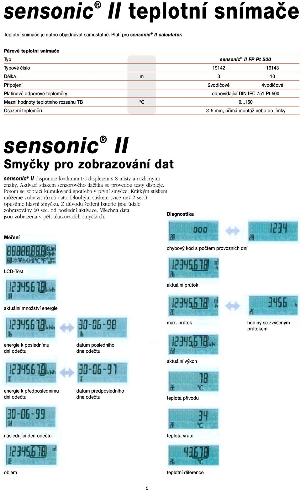 teplotního rozsahu TB C 0...150 Osazení teploměru 5 mm, přímá montáž nebo do jímky sensonic II Smyčky pro zobrazování dat sensonic II disponuje kvalitním LC displejem s 8 místy a rozliãn mi znaky.