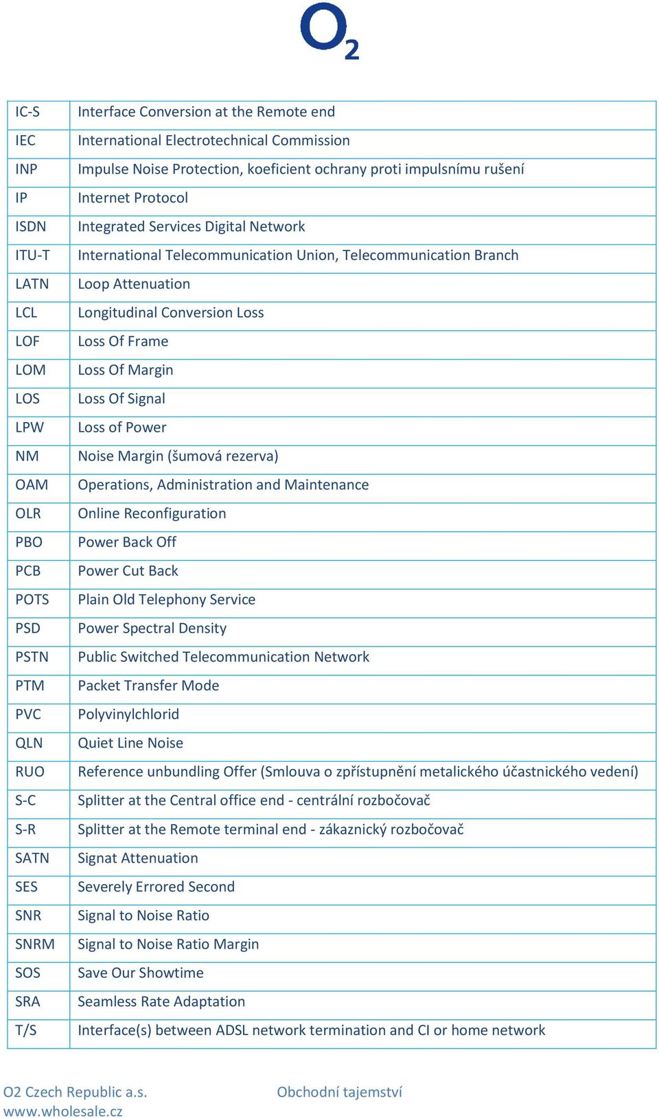 Telecommunication Branch Loop Attenuation Longitudinal Conversion Loss Loss Of Frame Loss Of Margin Loss Of Signal Loss of Power Noise Margin (šumová rezerva) Operations, Administration and