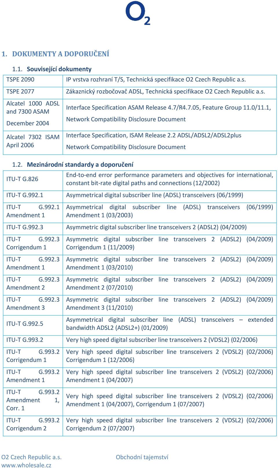 1, Network Compatibility Disclosure Document Interface Specification, ISAM Release 2.2 ADSL/ADSL2/ADSL2plus Network Compatibility Disclosure Document 1.2. Mezinárodní standardy a doporučení ITU-T G.