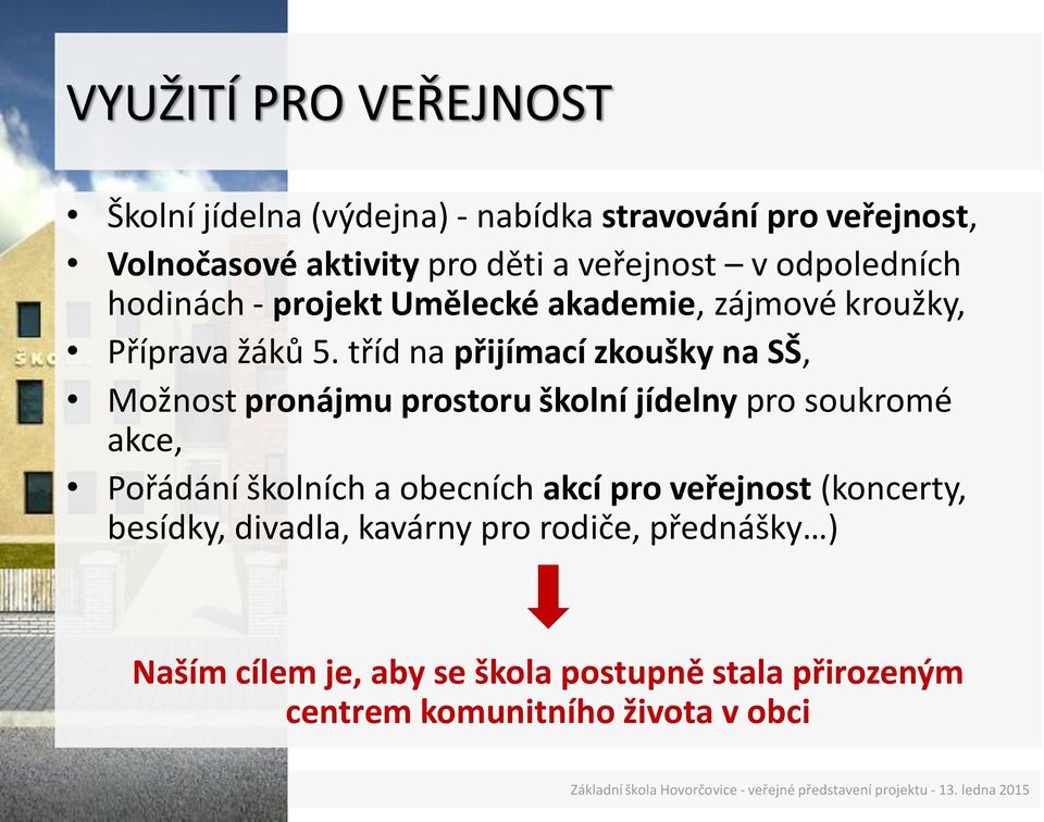 tříd na přijímací zkoušky na SŠ, Možnost pronájmu prostoru školní jídelny pro soukromé akce, Pořádání školních a obecních akcí pro veřejnost