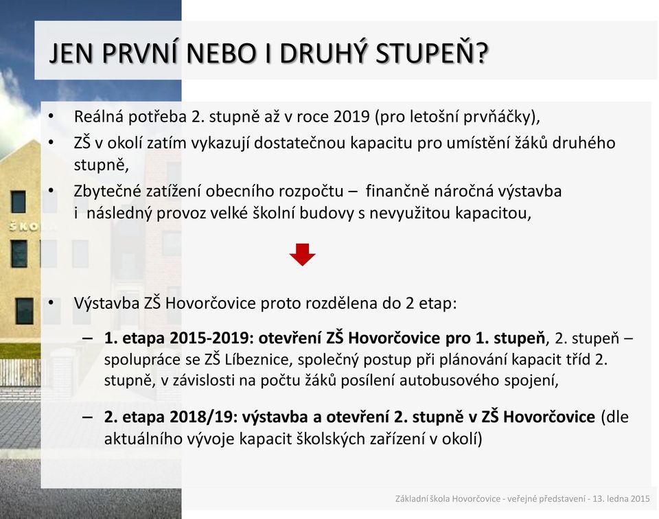 finančně náročná výstavba i následný provoz velké školní budovy s nevyužitou kapacitou, Výstavba ZŠ Hovorčovice proto rozdělena do 2 etap: 1.