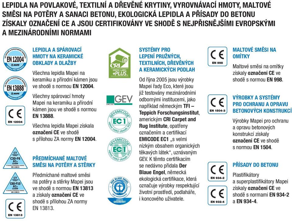 Všechny spárovací hmoty Mapei na keramiku a přírodní kámen jsou ve shodě s normou EN 13888. Všechna lepidla Mapei získala označení CE ve shodě s přílohou ZA normy EN 12004.