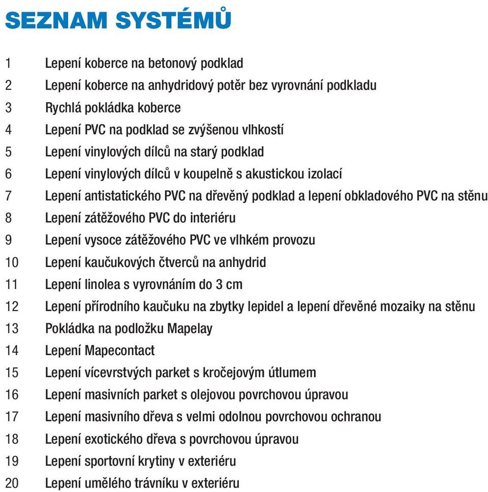 interiéru 9 Lepení vysoce zátěžového PVC ve vlhkém provozu 10 Lepení kaučukových čtverců na anhydrid 11 Lepení linolea s vyrovnáním do 3 cm 12 Lepení přírodního kaučuku na zbytky lepidel a lepení