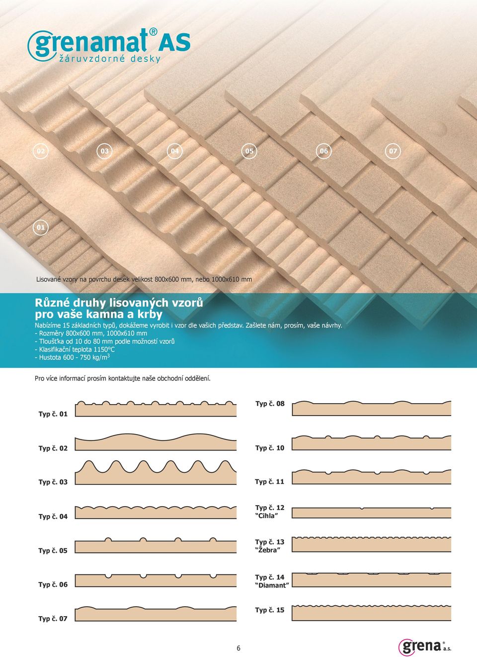 - Rozměry 800x600 mm, 1000x610 mm - Tloušťka od 10 do 80 mm podle možností vzorů - Klasifikační teplota 1150 C - Hustota 600-750 kg/m3 Pro více informací