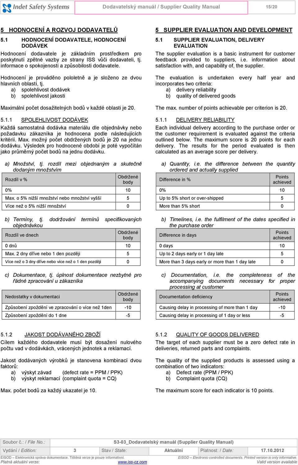 informace o spokojenosti a způsobilosti dodavatele. Hodnocení je prováděno pololetně a je složeno ze dvou hlavních oblastí, tj.