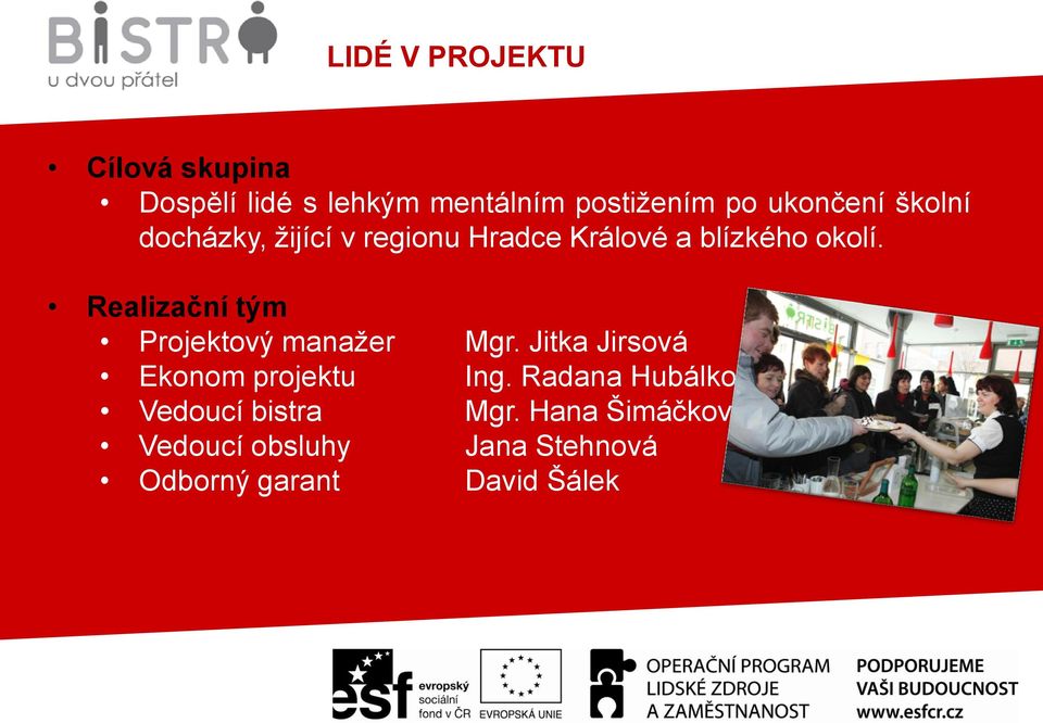 Realizační tým Projektový manažer Mgr. Jitka Jirsová Ekonom projektu Ing.