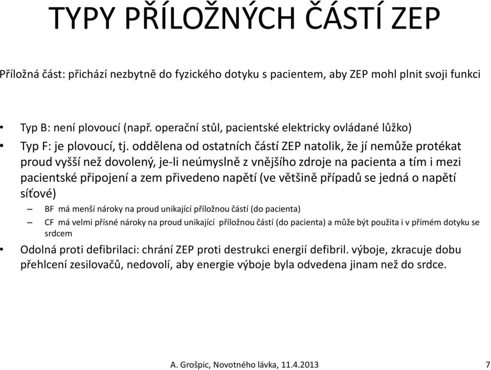 oddělena od ostatních částí ZEP natolik, že jí nemůže protékat proud vyšší než dovolený, je-li neúmyslně z vnějšího zdroje na pacienta a tím i mezi pacientské připojení a zem přivedeno napětí (ve