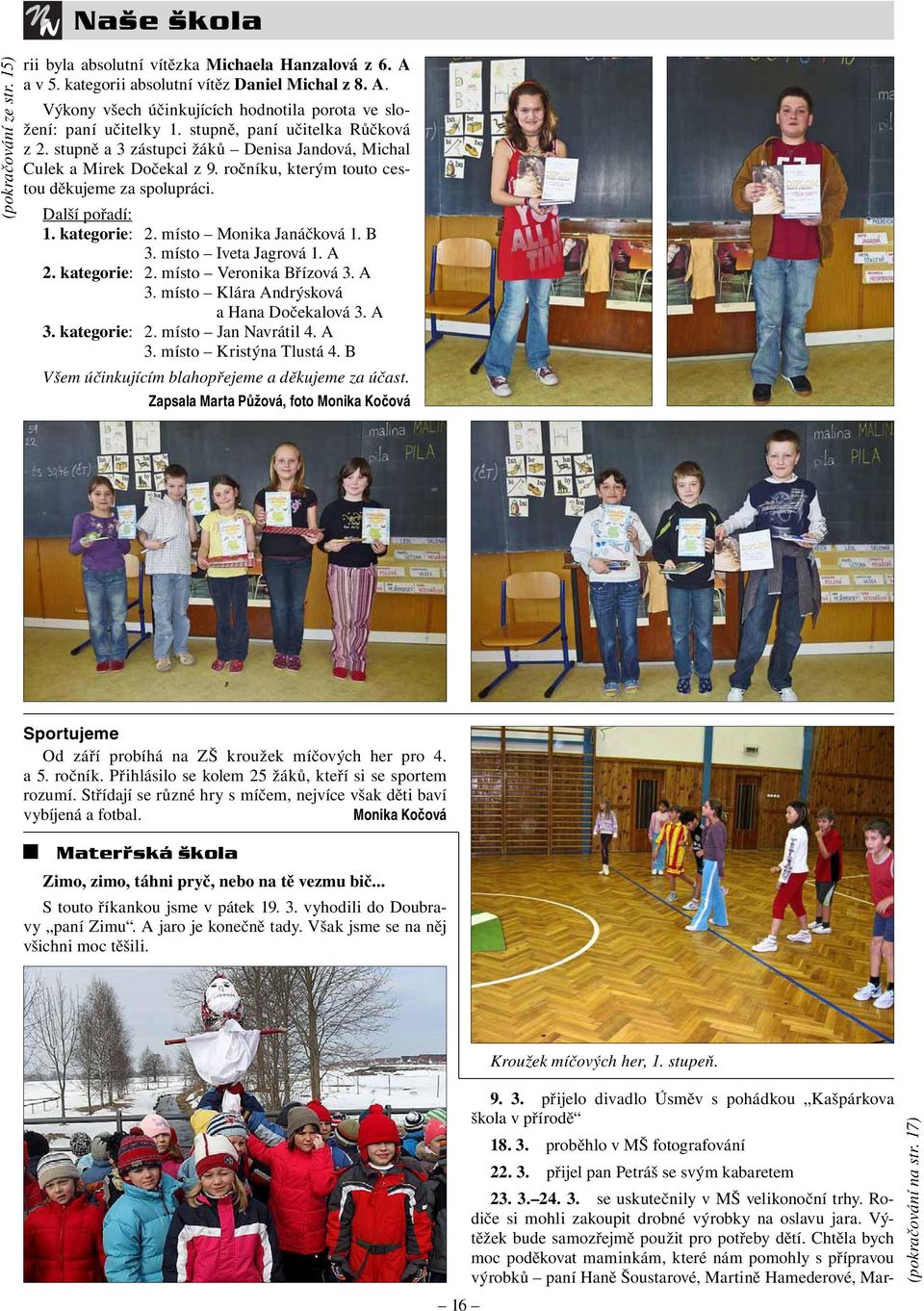 místo Monika Janáčková 1. B 3. místo Iveta Jagrová 1. A 2. kategorie: 2. místo Veronika Břízová 3. A 3. místo Klára Andrýsková a Hana Dočekalová 3. A 3. kategorie: 2. místo Jan Navrátil 4. A 3. místo Kristýna Tlustá 4.