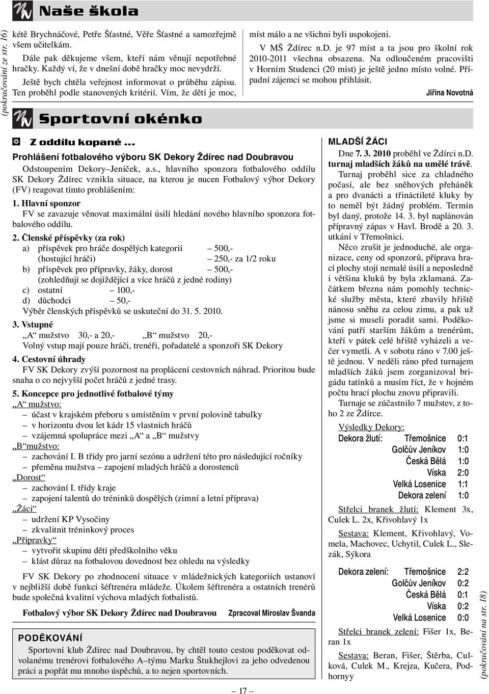 Vím, že dětí je moc, Sportovní okénko míst málo a ne všichni byli uspokojeni. V MŠ Ždírec n.d. je 97 míst a ta jsou pro školní rok 2010-2011 všechna obsazena.