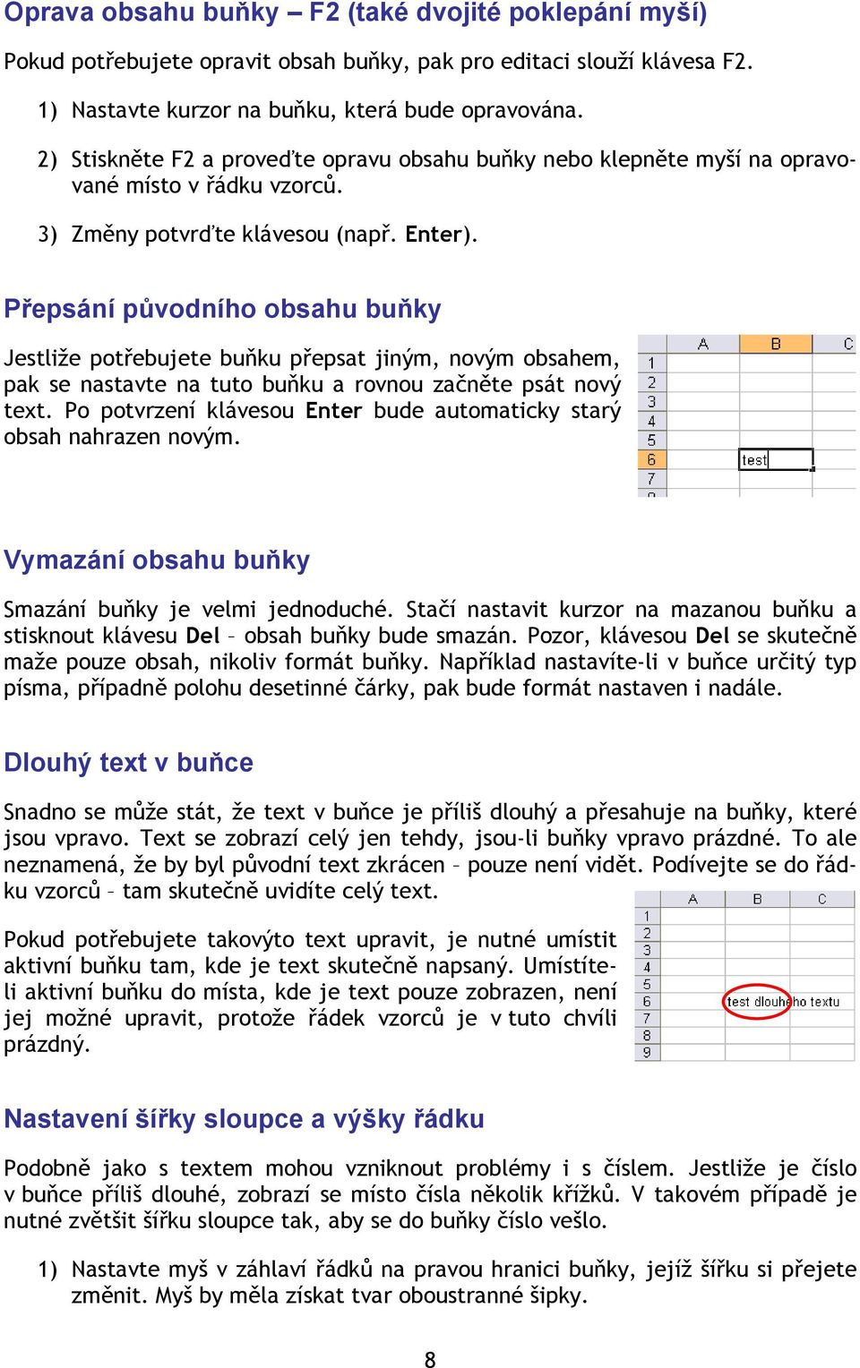 Přepsání původního obsahu buňky Jestliže potřebujete buňku přepsat jiným, novým obsahem, pak se nastavte na tuto buňku a rovnou začněte psát nový text.