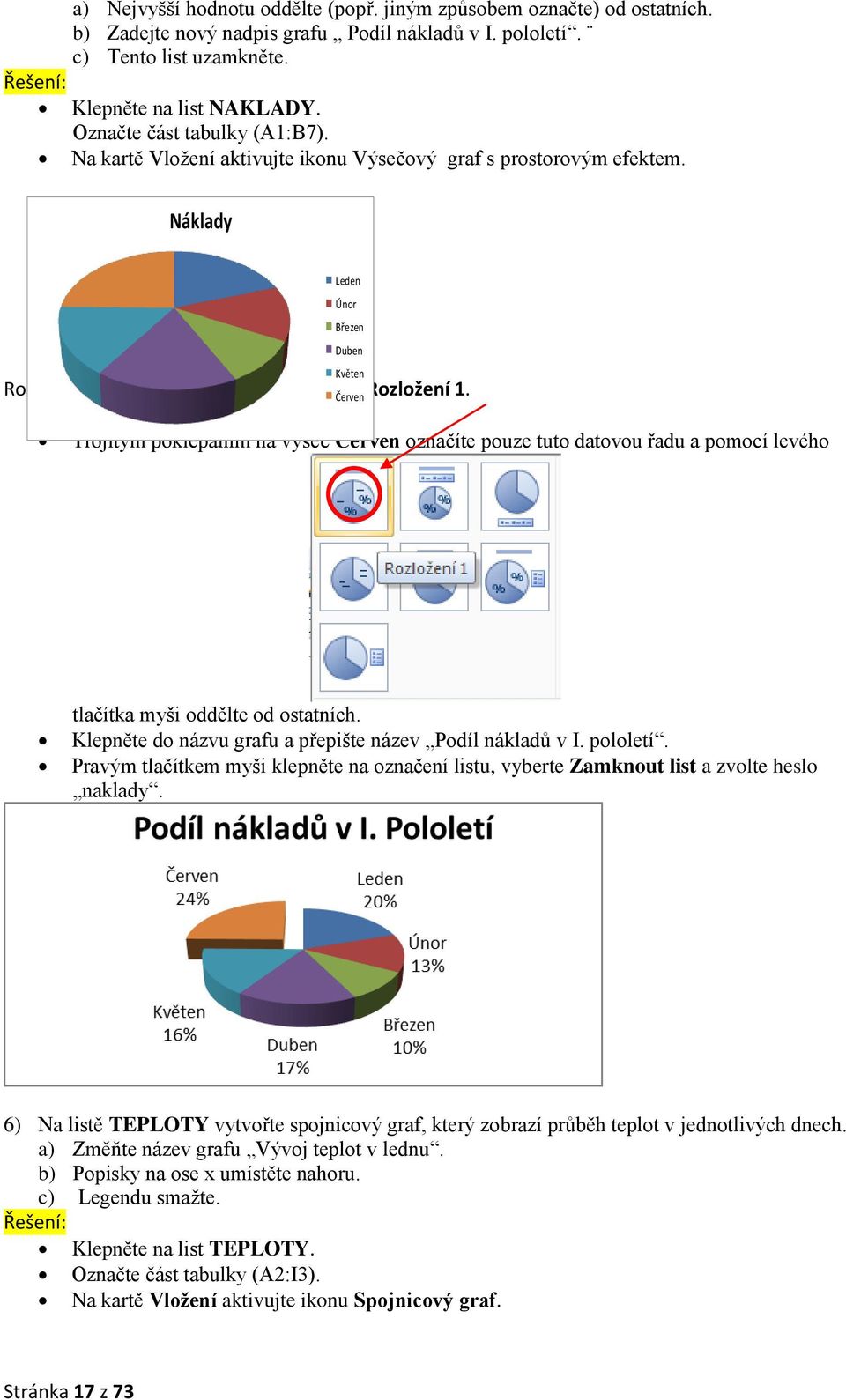 Červen Trojitým poklepáním na výseč Červen označíte pouze tuto datovou řadu a pomocí levého tlačítka myši oddělte od ostatních. Klepněte do názvu grafu a přepište název Podíl nákladů v I. pololetí.