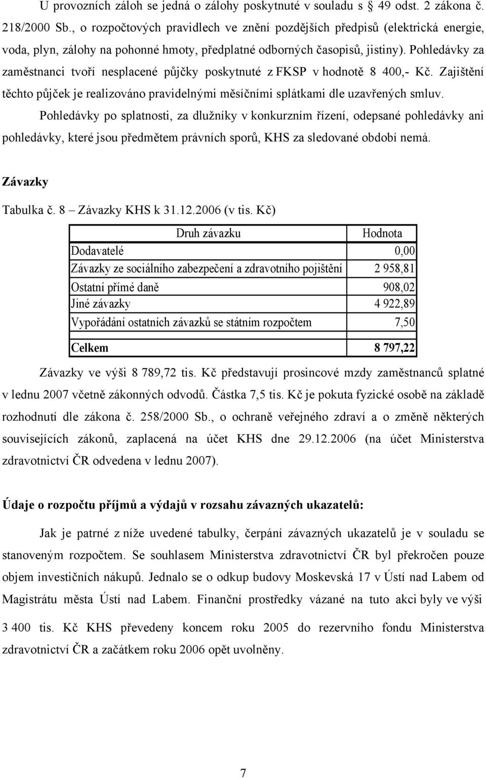 Pohledávky za zaměstnanci tvoří nesplacené půjčky poskytnuté z FKSP v hodnotě 8 400,- Kč. Zajištění těchto půjček je realizováno pravidelnými měsíčními splátkami dle uzavřených smluv.