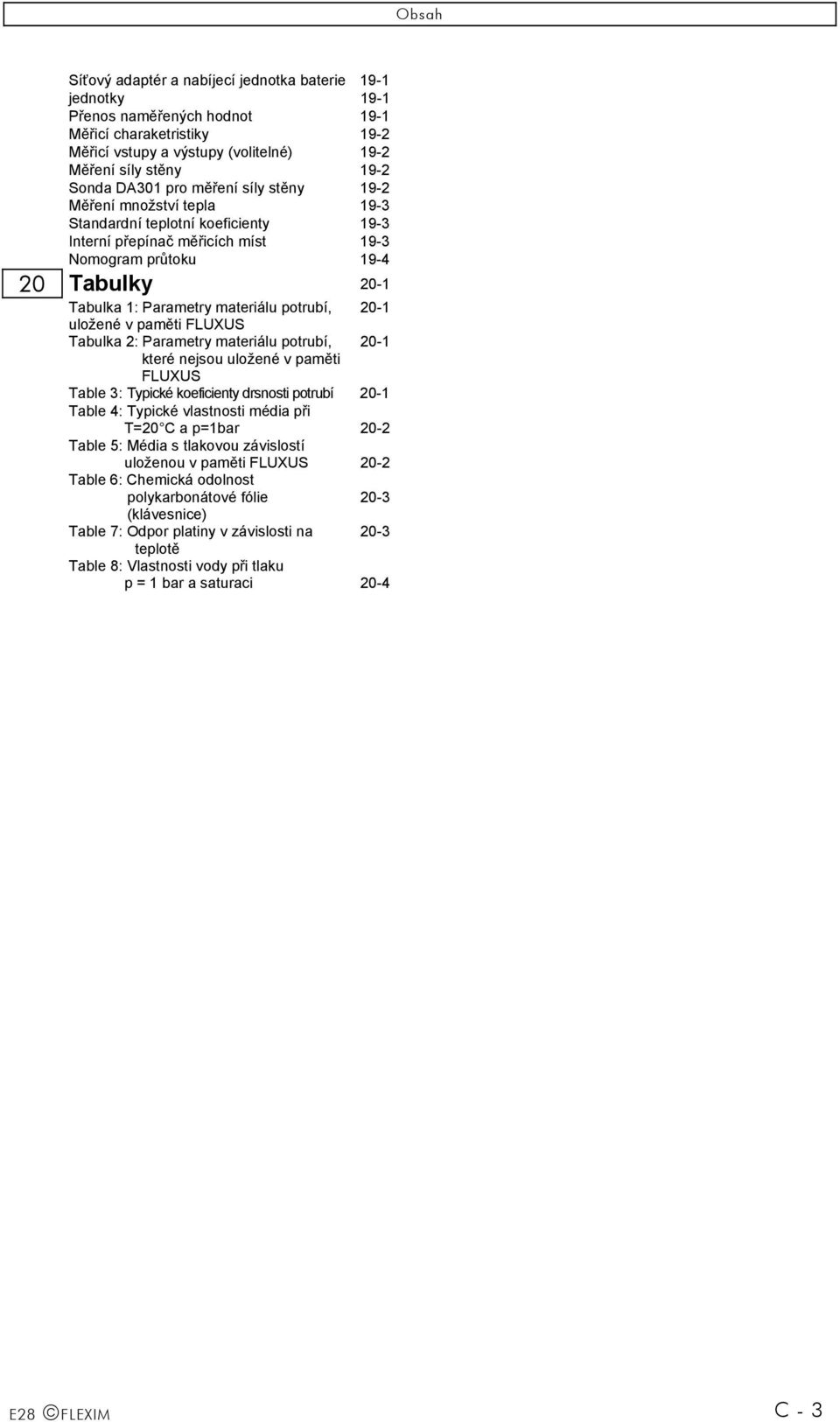 materiálu potrubí, 20-1 uložené v paměti FLUXUS Tabulka 2: Parametry materiálu potrubí, 20-1 které nejsou uložené v paměti FLUXUS Table 3: Typické koeficienty drsnosti potrubí 20-1 Table 4: Typické