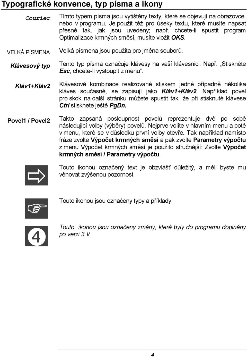 VELKÁ PÍSMENA Klávesový typ Kláv1+Kláv2 Povel1 / Povel2 Velká písmena jsou použita pro jména souborů. Tento typ písma označuje klávesy na vaší klávesnici. Např.