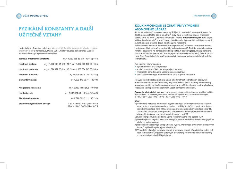 Čísla v závorce za hodnotou uvádějí standardní odchylku posledního dvojčíslí. atomová hmotnostní konstanta m u =,660 538 86 (28) 0 27 kg = u KOLIK HMOTNOSTI SE ZTRATÍ PŘI VYTVOŘENÍ ATOMOVÉHO JÁDRA?