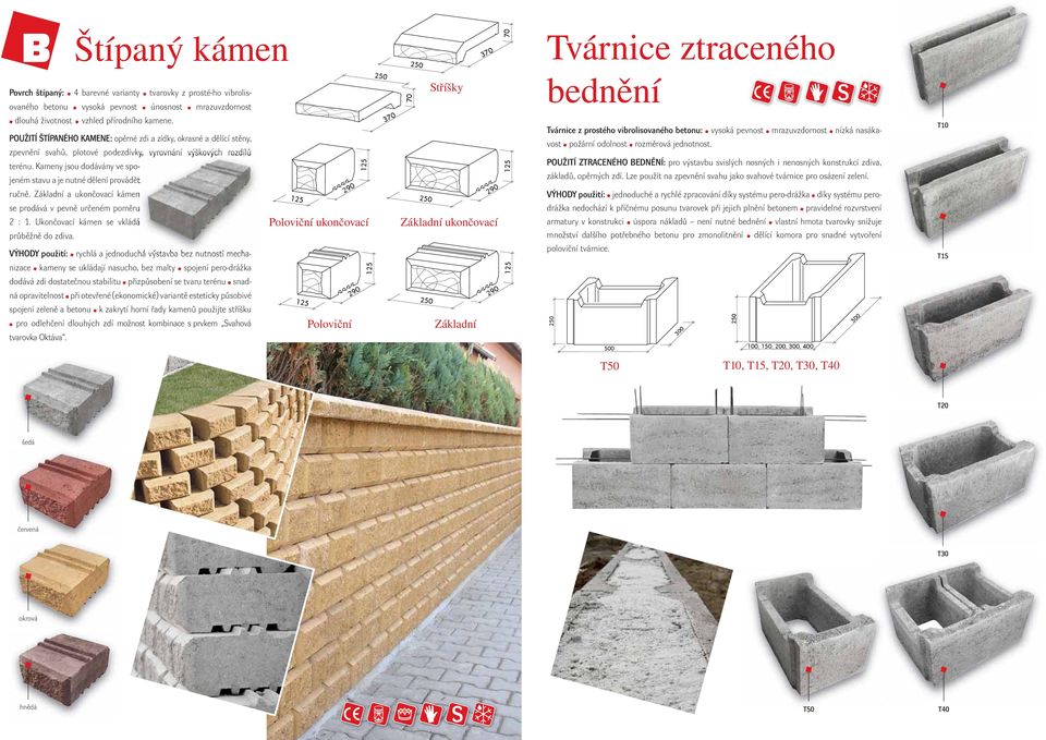 Kameny jsou dodávány ve spojeném stavu a je nutné dělení provádět Tvárnice z prostého vibrolisovaného betonu: vysoká pevnost mrazuvzdornost nízká nasákavost požární odolnost rozměrová jednotnost.