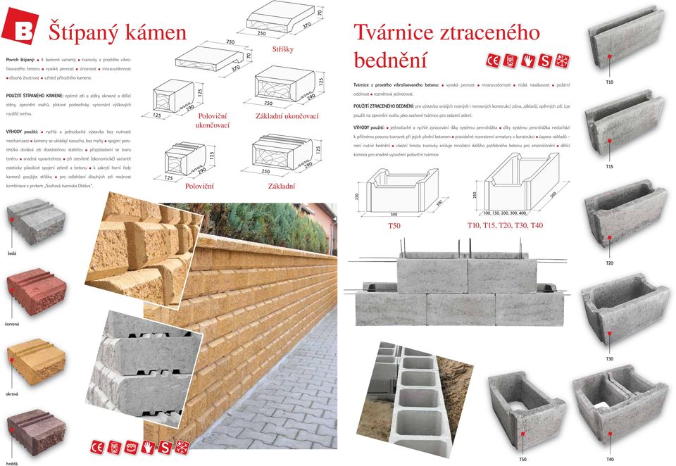 Tvárnice z prostého vibrolisovaného betonu: vysoká pevnost mrazuvzdornost nízká nasákavost požární T10 POUŽITÍ ŠTÍPANÉHO KAMENE: opěrné zdi a zídky, okrasné a dělící odolnost rozměrová jednotnost.