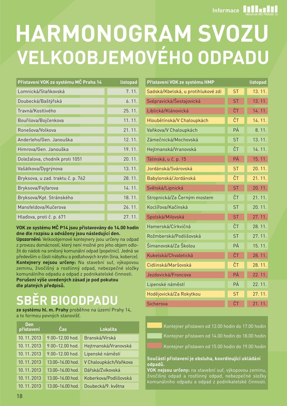 11. Ronešova/Volkova 21. 11. Vaňkova/V Chaloupkách PÁ 8. 11. Anderleho/Gen. Janouška 12. 11. Zámečnická/Mochovská ST 13. 11. Himrova/Gen. Janouška 19. 11. Hejtmanská/Vranovská ČT 14. 11. Doležalova, chodník proti 1051 20.