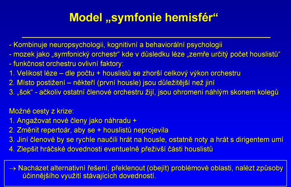 šok - ačkoliv ostatní členové orchestru žijí, jsou ohromeni náhlým skonem kolegů Možné cesty z krize: 1. Angažovat nové členy jako náhradu + 2. Změnit repertoár, aby se + houslistů neprojevila 3.