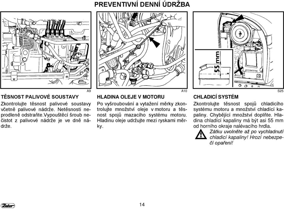 A9 A10 S25 HLADINA OLEJE V MOTORU Po vyšroubování a vytažení měrky zkontrolujte množství oleje v motoru a těsnost spojů mazacího systému motoru.