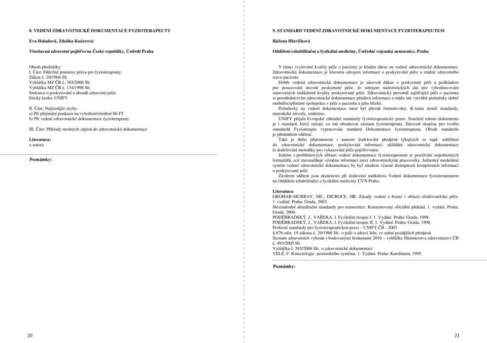 Část: Důležité prameny práva pro fyzioterapeuty: Zákon č. 20/1966 Sb. Vyhláška MZ ČR č. 385/2006 Sb. Vyhláška MZ ČR č. 134/1998 Sb. Smlouva o poskytování a úhradě zdravotní péče Etický kodex UNIFY II.