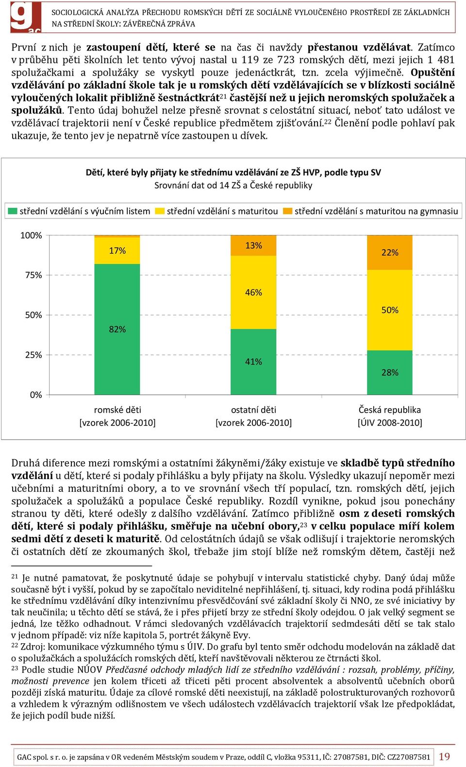 Opuštění vzdělávání po základní škole tak je u romských dětí vzdělávajících se v blízkosti sociálně vyloučených lokalit přibližně šestnáctkrát 21 častější než u jejich neromských spolužaček a