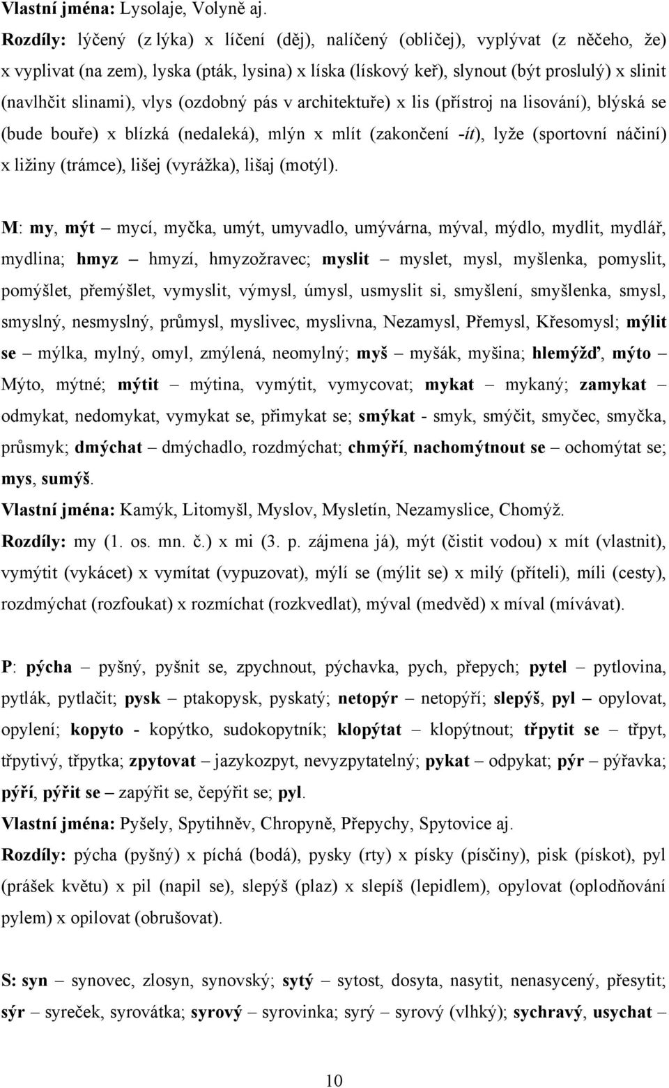 slinami), vlys (ozdobný pás v architektuře) x lis (přístroj na lisování), blýská se (bude bouře) x blízká (nedaleká), mlýn x mlít (zakončení -ít), lyţe (sportovní náčiní) x liţiny (trámce), lišej