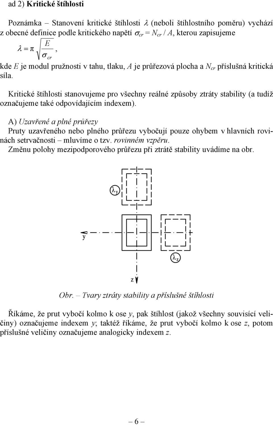 Kritické štíhlosti stanovujeme pro všechny reálné způsoby ztráty stability (a tudíž označujeme také odpovídajícím indexem).