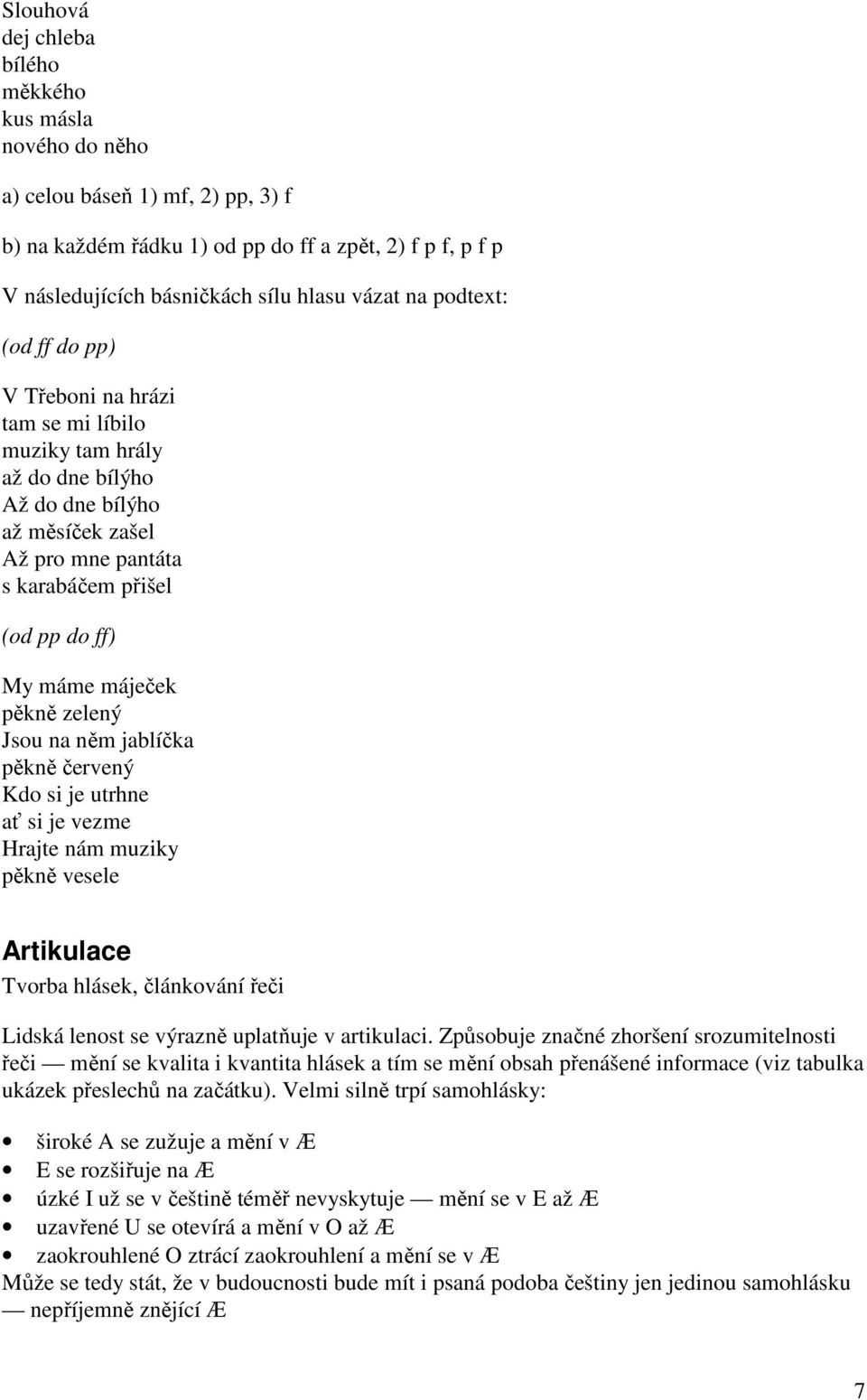 pěkně zelený Jsou na něm jablíčka pěkně červený Kdo si je utrhne ať si je vezme Hrajte nám muziky pěkně vesele Artikulace Tvorba hlásek, článkování řeči Lidská lenost se výrazně uplatňuje v