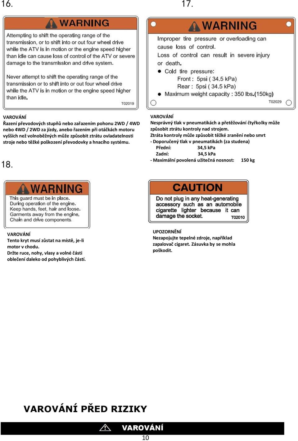 těžké poškození převodovky a hnacího systému. 18. 19. Nesprávný tlak v pneumatikách a přetěžování čtyřkolky může způsobit ztrátu kontroly nad strojem.