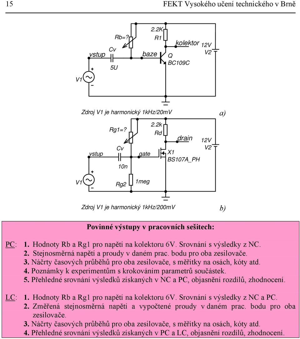 2 Stejnosměrná napětí a proudy v daném prac bodu pro oba zesilovače 3 Náčrty časových průběhů pro oba zesilovače, s měřítky na osách, kóty atd 4 Poznámky k experimentům s krokováním parametrů