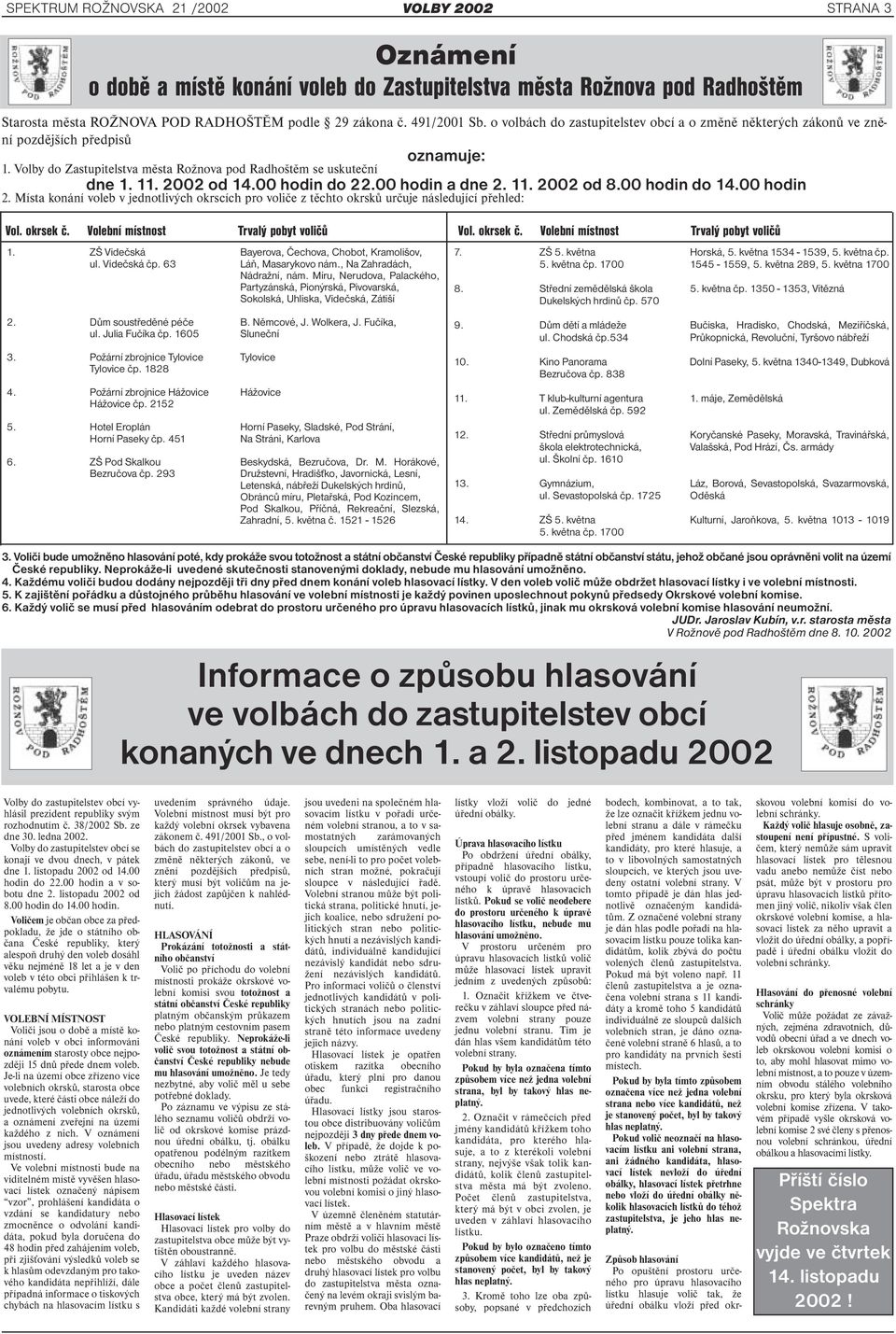 00 hodin do 22.00 hodin a dne 2. 11. 2002 od 8.00 hodin do 14.00 hodin 2. Místa konání voleb v jednotlivých okrscích pro voliče z těchto okrsků určuje následující přehled: Vol. okrsek č.