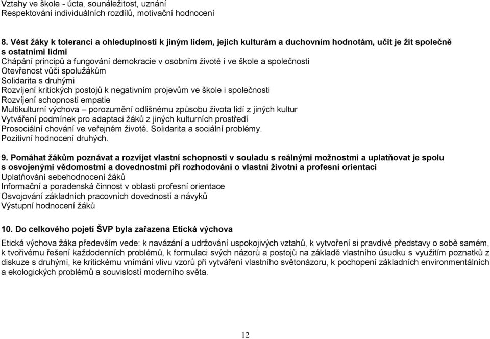 společnosti Otevřenost vůči spolužákům Solidarita s druhými Rozvíjení kritických postojů k negativním projevům ve škole i společnosti Rozvíjení schopnosti empatie Multikulturní výchova porozumění