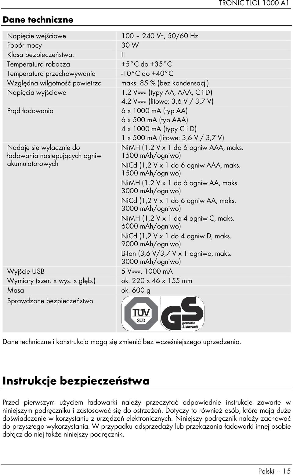 85 % (bez kondensacji) Napięcia wyjściowe 1,2 V (typy AA, AAA, C i D) 4,2 V (litowe: 3,6 V / 3,7 V) Prąd ładowania 6 x 1000 ma (typ AA) 6 x 500 ma (typ AAA) 4 x 1000 ma (typy C i D) 1 x 500 ma