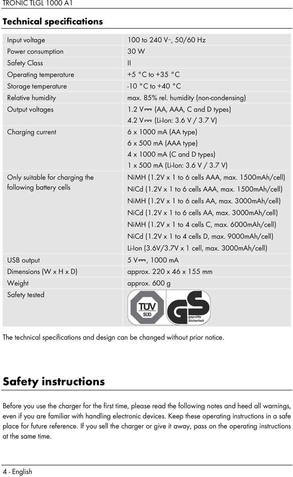 7 V) 6 x 1000 ma (AA type) 6 x 500 ma (AAA type) 4 x 1000 ma (C and D types) 1 x 500 ma (Li-Ion: 3.6 V / 3.7 V) USB output 5 V, 1000 ma Dimensions (W x H x D) Weight Safety tested NiMH (1.